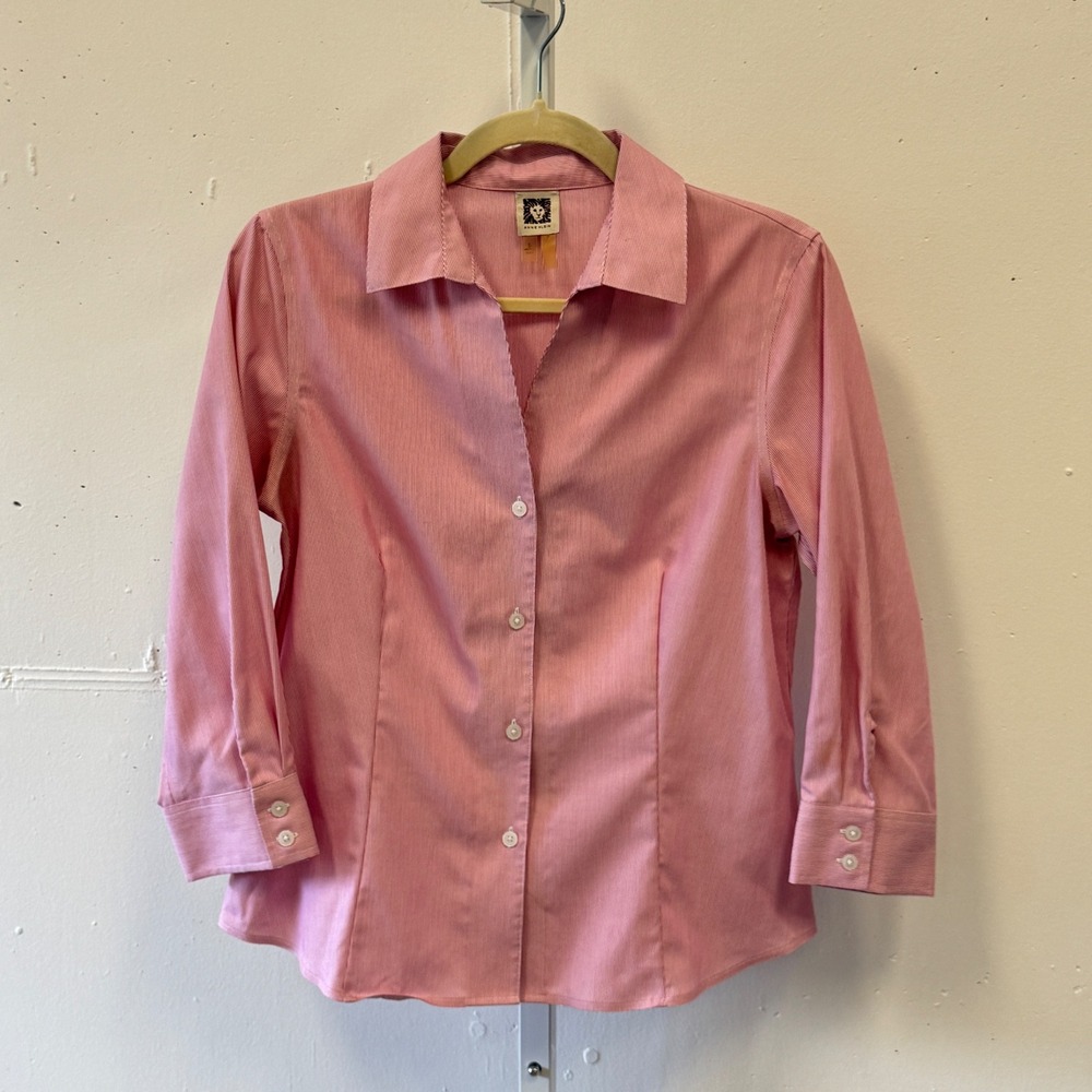 Anne Klein Pink White Micro Striped Cotton Button Down Slim Shirt‎ 3/4 Sleeve Sm